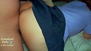 Sweet student skirt lifted juicy shaved pussy creampied by old man