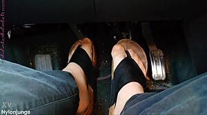 Secret Car Nylon Feet Tease With Toe Separators Up Close