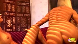 Brunette and blonde lesbians, dildos deep in bikini asses?