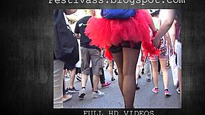 Candid Festivass in Microskirt Shows See-Through Thong Cheeky Shorts Tight Leggings and Panties Publicly