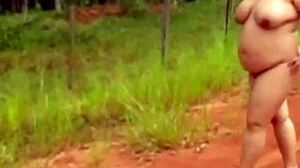 i'm pregnant wife walking naked on rural road in forest my old cuckold husband films