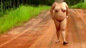 i'm pregnant wife walking naked on rural road in forest my old cuckold husband films