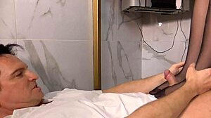 nylon secretary blonde licks sucks feet in hot footjob fetish!