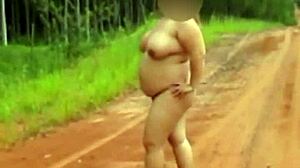 i'm pregnant wife walking naked on rural road in forest my old cuckold husband films