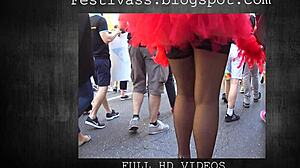 Candid Festivass in Microskirt Shows See-Through Thong Cheeky Shorts Tight Leggings and Panties Publicly