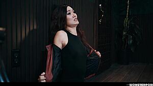 Asian girl tempts futa leather monster babe's cucumber creampie play