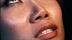 Asian girl tempts futa leather monster babe's cucumber creampie play