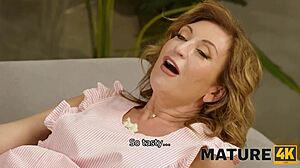 mature russian stepmom in stockings seduces with her shaved pussy on the sofa 😏🔥