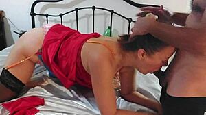 french amateur in satin lingerie gets pussy fucked deepthroat and spanked pov