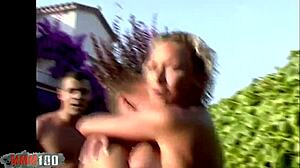 What if a bigtits blonde got her holes wrecked by two stallions in the garage?