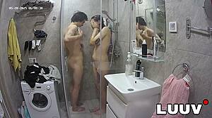 love how this webcam couple flashes their amateur shower tits in real routine