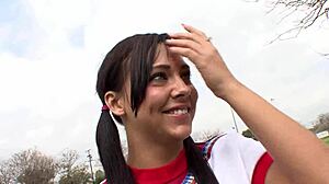 An 18-year-old brunette teen bends over bed in fishnets for deep doggystyle pounding.