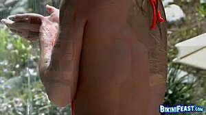 wet topless bikini blonde model striking hot outdoor poses 😍🌊