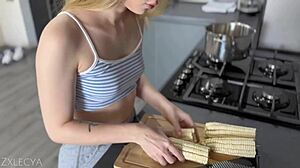 Step sister spots me jerking off offers her shaved pussy to help cum quick