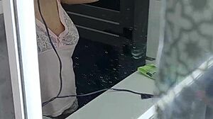 stepmom walks in on my naked jerk off and eyes my big cock for handjob