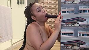 Intense sloppy deepthroat rams huge dildo