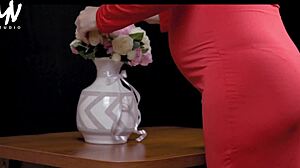 hey, check out pregnant loreen red cheating in red dress and stockings with vali savage