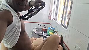 black guy licks pussy on kitchen sink then pounds hard on sofa with huge black cock