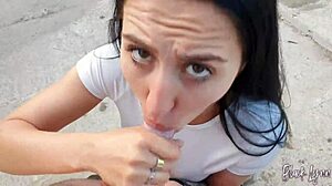 girlfriend next door practices blowjob skills on huge cock outdoors pov for mouthful cum swallow