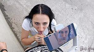 girlfriend next door practices blowjob skills on huge cock outdoors pov for mouthful cum swallow