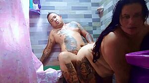 Chubby latina milf moans wildly as tattooed neighbor pounds her big tits and pussy in homemade bathroom fuck