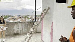 colombian mother-in-law huge natural tits joins stepdaughter to fuck muscular construction worker hard