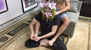 submissive foot slave humiliated with intense footjob massage and fetish worship