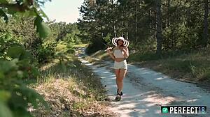 Busty Nymph Fingers Juicy Shaved Pussy by Forest Road!