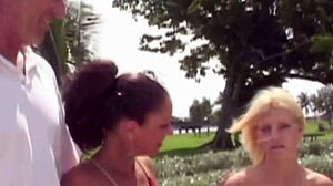 Two young lesbian girls devour each other's wet pussies in sloppy oral frenzy outdoors