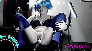 Submissive babe bound in stockings takes rough science fuck machine pounding