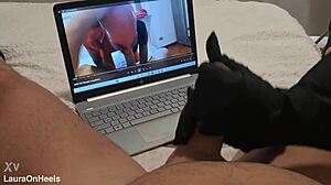 whoa milf in gloves jerks that huge cock pov til it explodes on her! 💦🍆