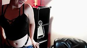 Submissive babe bound in stockings takes rough science fuck machine pounding