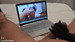 whoa milf in gloves jerks that huge cock pov til it explodes on her! 💦🍆