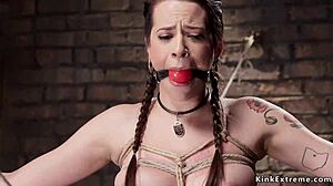 gagged and crotch roped freya french gets hogtied fucked hard by dildo