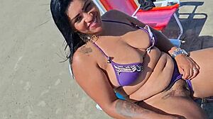 husband shows wife's hairy pussy on street beach and market