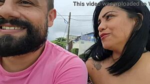 husband shows wife's hairy pussy on street beach and market