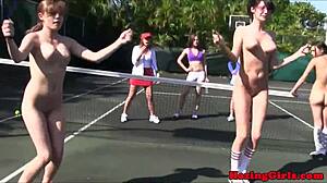 Can you believe these hazing babes munch pussy on tennis court?!
