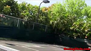 Can you believe these hazing babes munch pussy on tennis court?!