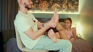 Italian Skinny Slut Oils Cock For Footjob Deepthroat Action