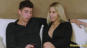 Naughty housewife squirts in kitchen blowjob frenzy for kinky visitor!