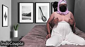 indo hijab wife rides husband cowgirl until creampie floods her wet pussy