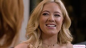 Lesbian teen fingers milf stepmom's shaved pussy closeup