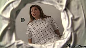 I swallowed every drop from that glory hole as brunette patient craving more