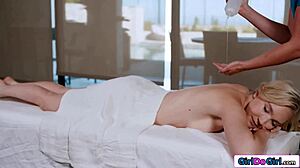Blonde milf masseuse licks oiled shaved pussy after foot massage