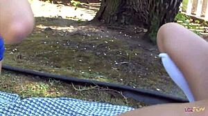 lesbian cheerleader facesits brunette friend outdoors fingering clit till orgasm explodes shaved pussy