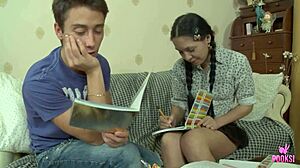 lila g in pigtails kneels to milk noah r's cock after their steamy student sex session