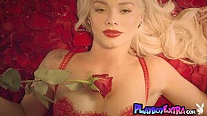 Petite Blonde Elsa Jean Strips Lingerie Poses Naked Among Red Petals