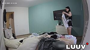 Skinny euro maids flash pussies turning bedroom cleaning into hot voyeur show