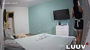 Skinny euro maids flash pussies turning bedroom cleaning into hot voyeur show