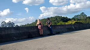 Craving street sex bent over in miniskirt with hot blonde milf bareback